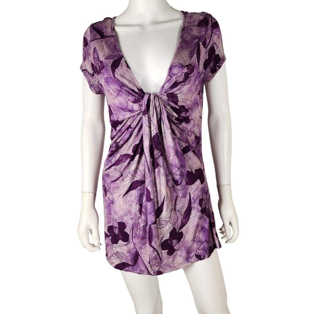 A.N.A. Twist Knot Front Knit Floral Tunic Blouse Purple Y2K Indie L